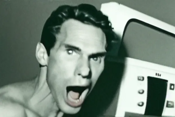 Image similar to a black and white screenshot from a vhs tape of jerma with his mouth unhinged and wide open in the dark
