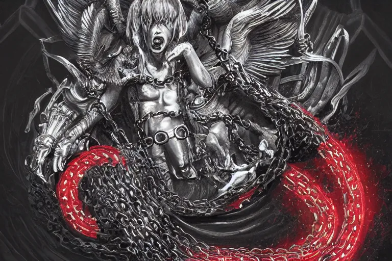 Image similar to lucifer, dark angel, red eyes, chain, handcuffs, large chain, wide open mouth, scream, cruelty, sad, sea bottom, light effect, hyper detailed, intricate, elegant, highly detailed, digital painting, artstation, concept art, matte, sharp focus, illustration, by dan mumford, yusuke murata, makoto shinkai, ross tran