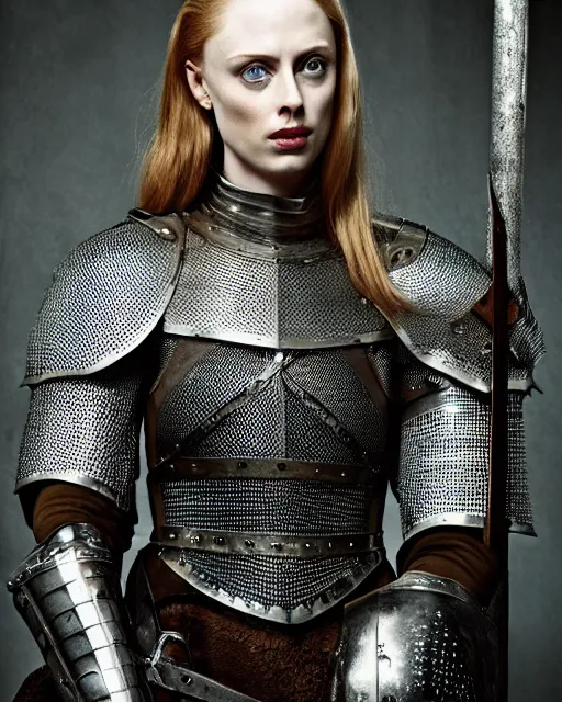 Image similar to HD portrait by Annie Leibovitz of Deborah Ann Woll as a medieval knight wearing a chainmail hauberk.