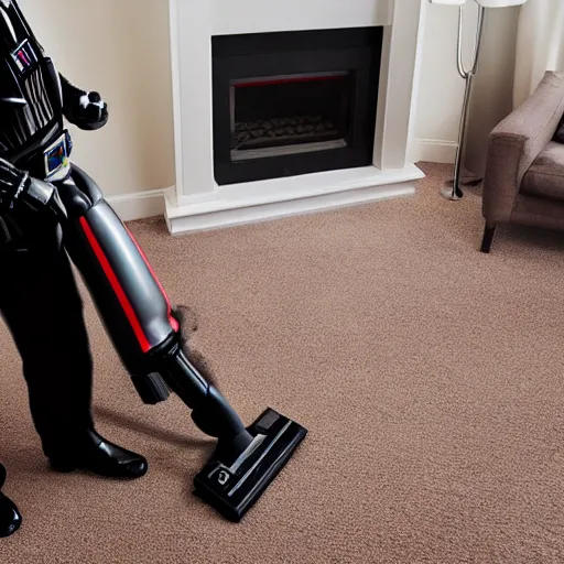 Image similar to a photo of darth vader vacuuming the carpet