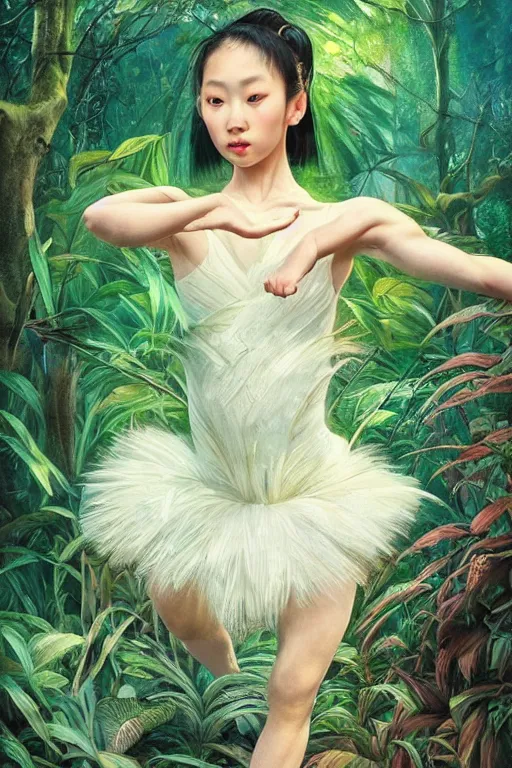 Image similar to stunningly beautiful, asian prima ballerina in jungle, symmetrical face, golden hour, smooth, focus, highly detailed, hyper realistic, dramatic lighting, elegant, intricate, concept art, art by wlop, mars ravelo, greg rutowski