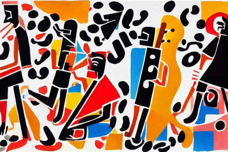 Image similar to four musicians playing with musical notes as abstract art in the style of Stuart Davis