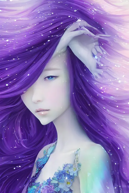 Prompt: 4k detailed portrait of a beautiful intimate woman with long purple cosmic hair and a beautiful celestial dress, by Miho Hirano and viktoria gavrilenko. Anime, volumetric lighting