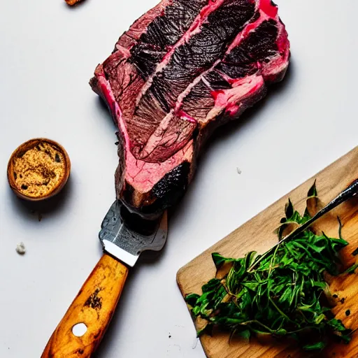 Image similar to photo of a expensive tomahawk steak, beautifully lit, food photography, 35mm, f/1.3, award winning, in the style of dennis prescott