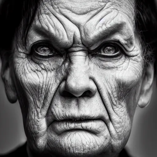 Image similar to satan, deep wrinkles!, frown!, light behind, cinematic lighting, face shown, with intense chiaroscuro lighting perfect composition, scary, award winning photograph, the original conscious, mean look, a cold face, terrifying, hate, cold