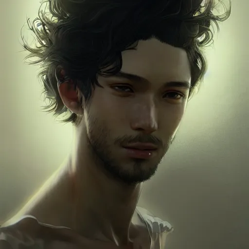 Image similar to Portrait of man with Tousled Curls type hair and Indonesian-type skin, atmospheric lighting, intricate detail, cgsociety, ambient light, dynamic lighting, anime style by Yusuke Kozaki