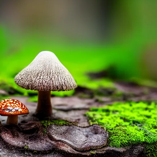 Prompt: macro photo with a singular fantasy microfungi character with cute eyes and mycelium, very close to real nature, painted patterns and coloring on mushrooms, 8K, highly detailed, cartoon