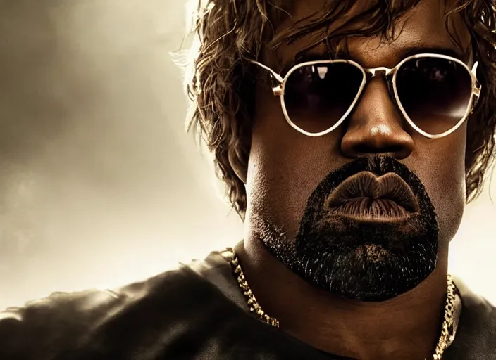 Prompt: movie still kanye west!!!! with sunglasses as tyrion lannister in a marvel movie, league of legends amazing splashscreen artwork splash art, natural light, elegant, photorealistic facial features, intricate, fantasy, detailed face, atmospheric lighting, anamorphic lens flare, cinematic lighting, league of legends splash art, hd wallpaper, ultra high details