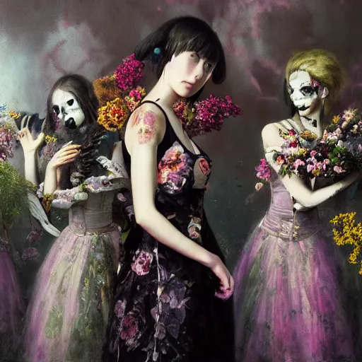 Image similar to 8k, octane render, cyberpunk painting, realism, tonalism, renaissance, rococo, baroque, group of creepy young ladies wearing long harajuku manga dress with flowers and skulls, background chaotic flowers