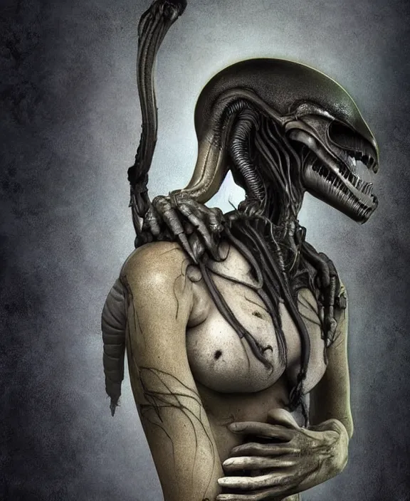 Image similar to xenomorph hugging pale sad beauty merging, dark mist colors, giger background liminal void, digital art, cinematic lighting, realistic, award winning photograph, various refining methods, micro macro autofocus