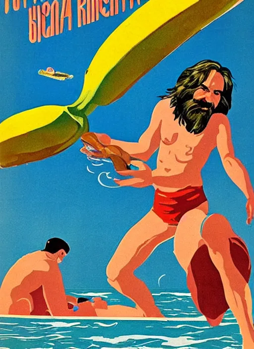 Image similar to soviet tourism poster for a beach resort depicting charles manson slipping on a banana peel