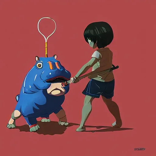 Image similar to illustration of hippo action figures playing badminton by ilya kuvshinov katsuhiro otomo