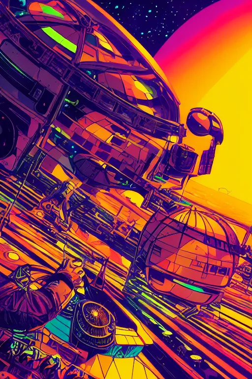 Prompt: the most amazing dream of dj rave science fiction astronauts, syd mead, dan mumford, moebius, hd, vibrant color, high contrast, digital illustration