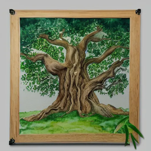 Prompt: an old oak, from root to leaves, trending on artstation, water color on canvas