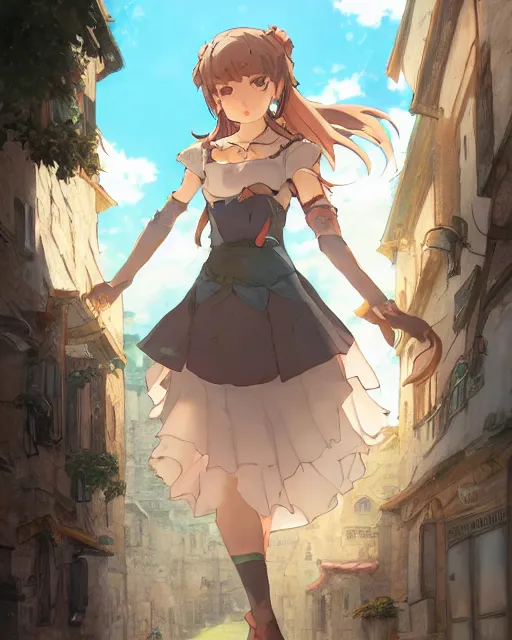 Prompt: key anime visual portrait of a young female walking through a medieval village, dynamic pose, dynamic perspective, cinematic, detailed silhouette, film grain, tending on artstation, face by yoh yoshinari, detailed, intricate