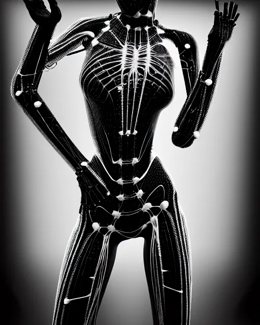 Image similar to black and white cyborg-plant goddess high quality photo, artificial intelligence, bio-mechanical bio-luminescence, artificial complex spider web, neurons, nerve cells, octane render, cinematic, rim light, hyper realism, photo-realistic, high detail, 8k, in the style of Steven Meisel and Dora Maar and H.G. Giger