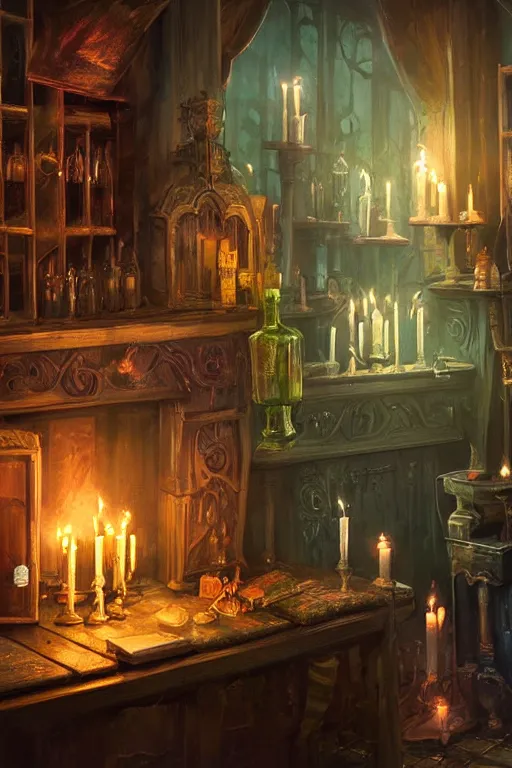 Image similar to a matte painting gothic counter parlor with bottles of potions and flickering candles colorful by greg rutkowski, tyler edlin