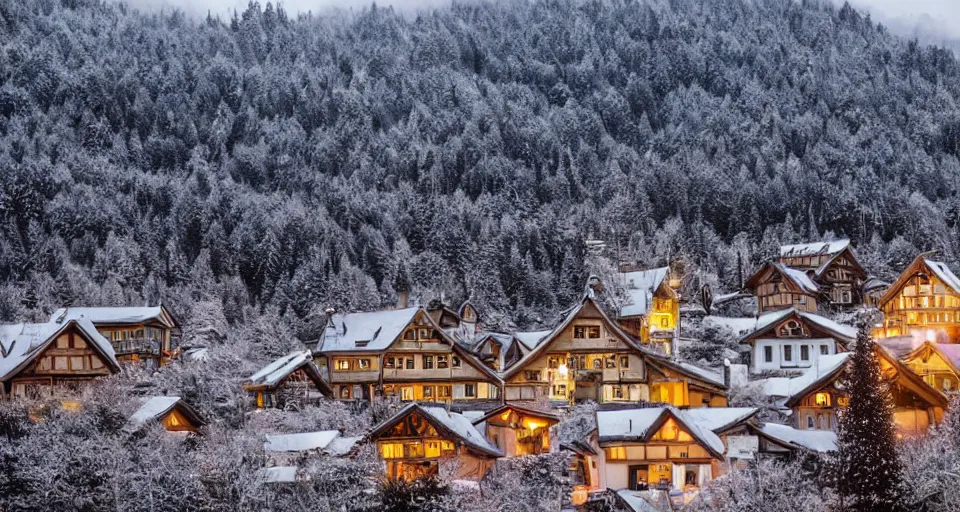 Image similar to an eerie abandoned village in the black forest at midnight illuminated by christmas lights