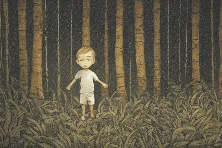 Prompt: a moody scene of a little boy talking with a spirit like a ghost in the middle of a rain forest at night, ultra realistic, style of Angela Deane