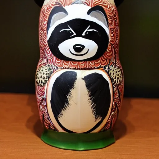 Image similar to a Russian nesting doll painted like a raccoon, Matryoshka doll, detailed photo