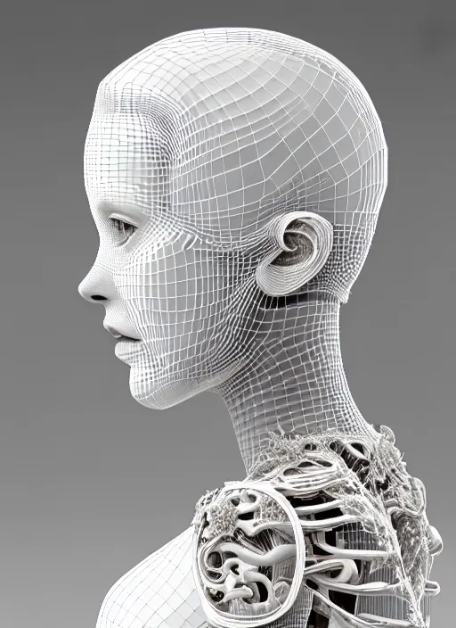 Prompt: complex 3d render ultra detailed of a beautiful porcelain profile woman face, mechanical cyborg, 150 mm, beautiful natural soft light, rim light, silver vanilla details, magnolia big leaves and stems, roots, fine foliage lace, maze like, mesh wire, intricate details, hyperrealistic, ultra detailed, mandelbrot fractal, anatomical, white metal neocubism armor, facial muscles, cable wires, microchip, elegant, octane render, H.R. Giger style, 8k