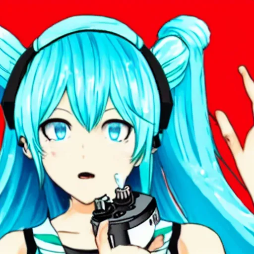 Prompt: hatsune miku getting high by smoking weed with a vape pen, smoke everywhere