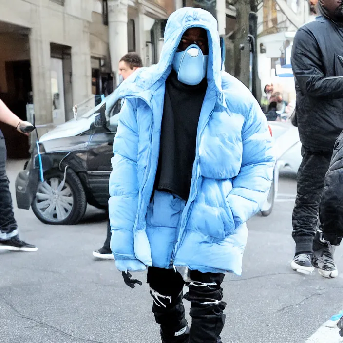 Image similar to kanye west using a full face covering black mask, a undersized light blue round puffer jacket made of nylon and big black rubber boots,