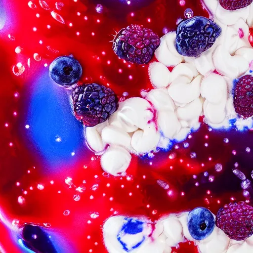 Image similar to raspberry, blueberry, vanilla smoothie explosion, intricate complexity, red white and blue neon drip paint, trending on art station, photoreal, 8 k, octane render