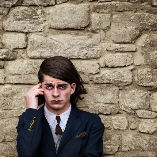 Prompt: Portrait of an utterly terrified young man on the verge of panic tears in 1930s attire with long hair cornered against a stone wall. He looks utterly panicked and distressed. 4K sigma 85mm