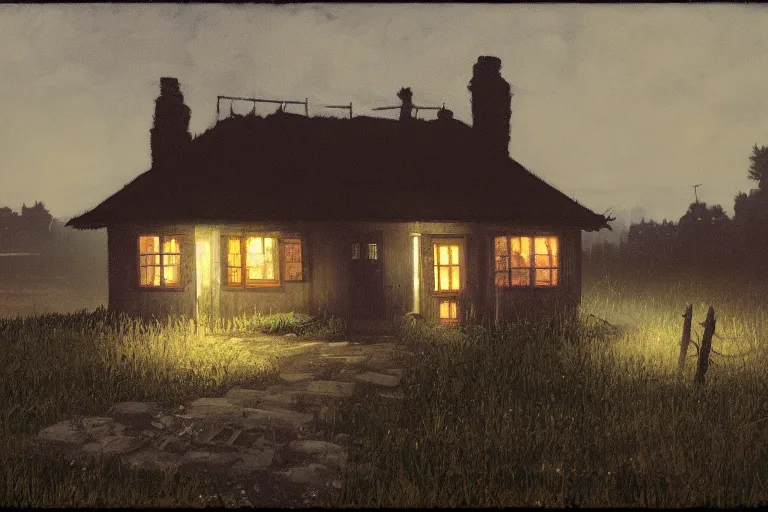 Prompt: a cinematic hyperrealism highly detailed photograph of a small cottage in a dark black night on a wide prairie, by issac levitan and studio ghibli, deviantart