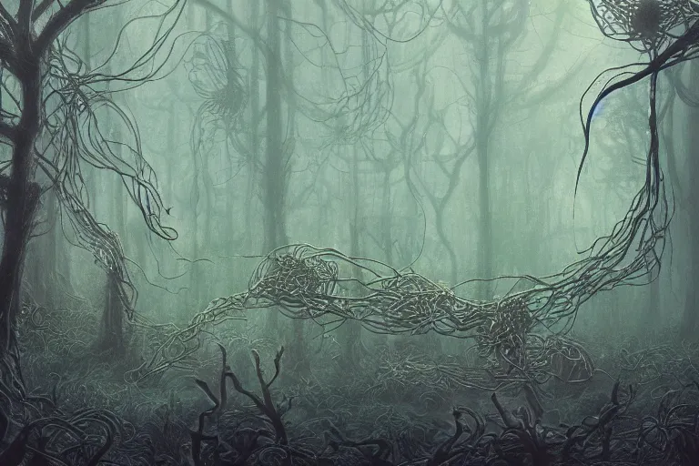 Prompt: Densely tangled forest branches by Shaun Tan and Eywind Earle, trending on artstation, evocative, bioluminsescence, mushrooms