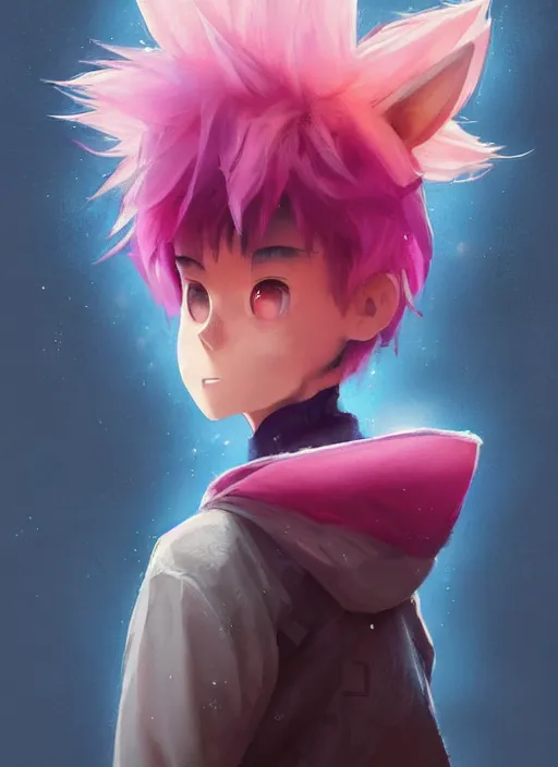 Image similar to a beautiful half body portrait of a cute anime male with pink hair and pink wolf ears. smiling.. big eyes. black collar. hoodie. character design by cory loftis, fenghua zhong, ryohei hase, ismail inceoglu and ruan jia. volumetric light, detailed, rendered in octane