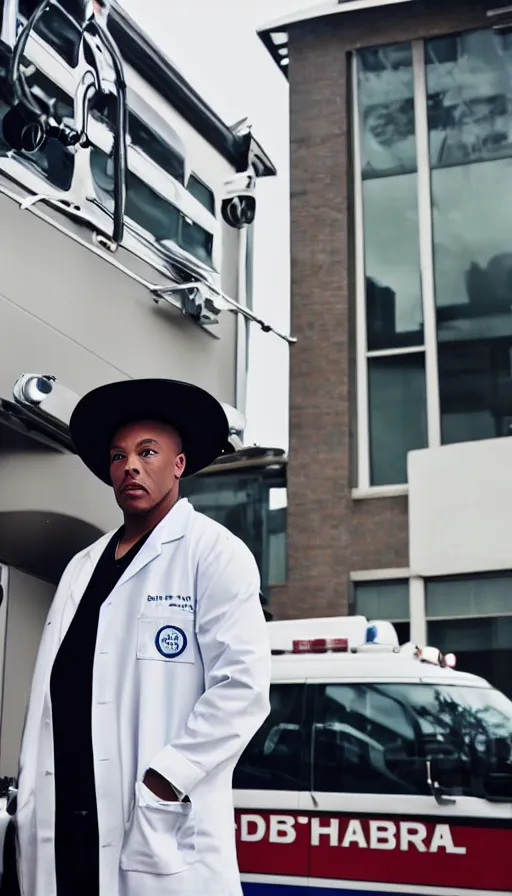 Image similar to dramatic award winning photo dr. dre wearing a stethoscope, lab coat, black baseball cap, in front of an ambulance outside of a hospital, low angle shot, cinematic lighting