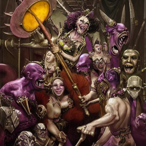 Prompt: laughing slaanesh, style of norman rockwell, 8 k, ultra detailed, photograph, rule of thirds.