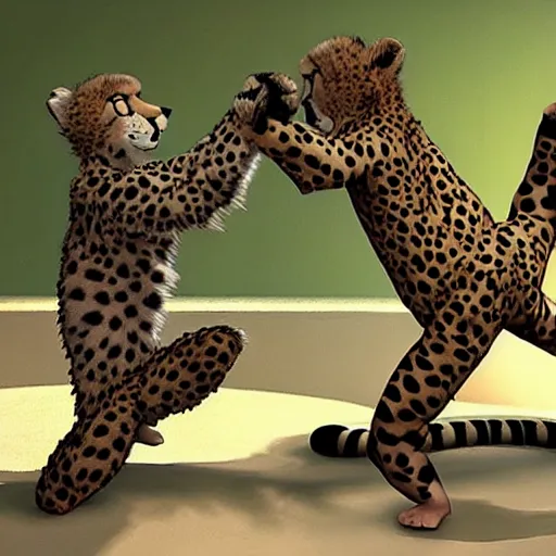 Prompt: a cheetah doing karate, pixar,