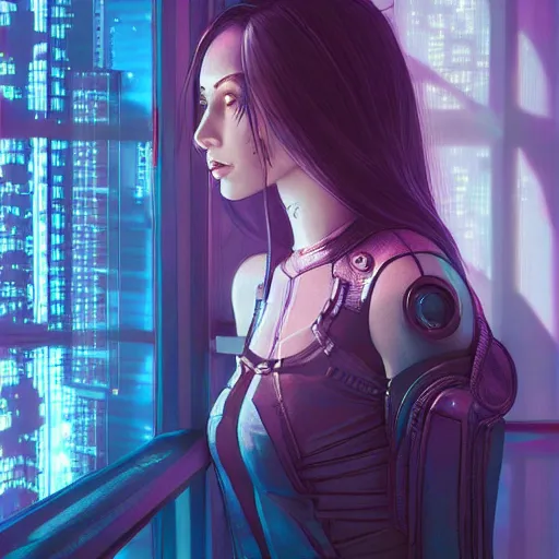 Prompt: portrait of cyberpunk woman looking out of a window, cyberpunk setting, futuristic, highly detailed, intricate lighting, digital painting, sharp focus, illustration, trending on artstation, art by ufotable.