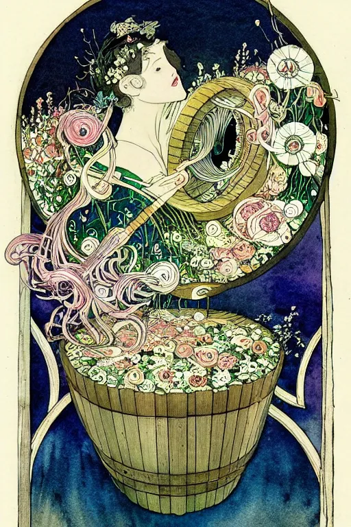 Prompt: a wooden barrel in the center of a floral frame, art by kay nielsen and walter crane, illustration style, watercolor