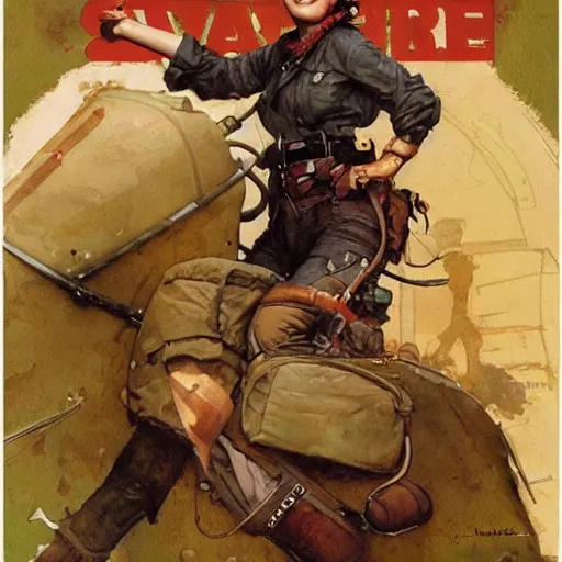 Prompt: happy female adventurer, by jon foster and norman rockwell.