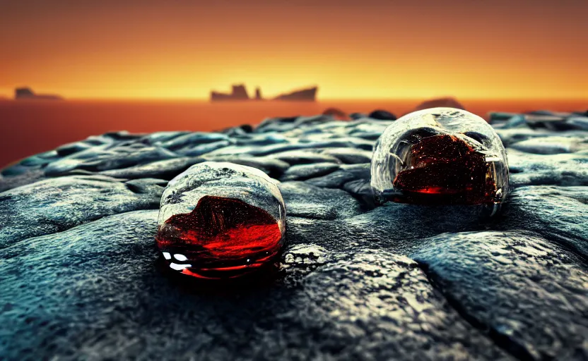 Image similar to a cubic cup of coca-cola with small gas bubbles on a rock near the sea at sunset, anime style, 8k hdr, hyperrealistic, highly detailed, high quality, high coherence, godrays, complementary colours, turbulent sea, path tracing, breathtaking landscape, cinematic lighting, concept art, trending on Artstation