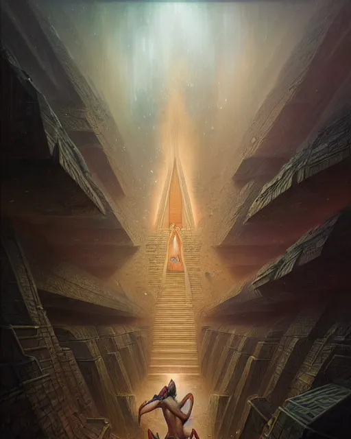 Image similar to inside a large pyramid made of pyramids and eyes fantasy character portrait, ultra realistic, wide angle, intricate details, blade runner artifacts, highly detailed by peter mohrbacher, boris vallejo, hajime sorayama aaron horkey, gaston bussiere, craig mullins