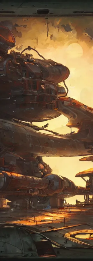 Prompt: old rusting cargo space ship, rusty work spaceship with bolted on upgrades and a glowing engine illustrated by greg tocchini, jesper ejsing and makoto shinkai