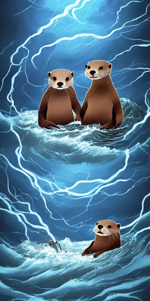 Image similar to An adorable Otter saving his wife from the whirlpool, in love holding hands side by side, in the middle of a super scary storm at sea, thunder, lightning, waves, fantasy illustration, cinematic, award winning, romantic, detailed trending on artstation, masterpiece