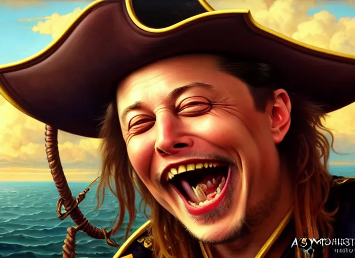 Image similar to highly detailed painting of a laughing Elon Musk as a pirate captain, proudly posing at the helm of his frigate wearing a pirate hat at sunset, artstation, cinematic lighting, hyperdetailed, cgsociety, 8k, high resolution, insanely detailed and intricate, concept art, smooth, sharp focus, illustration, art by Peter Mohrbacher and Alphonse Mucha, masterpiece