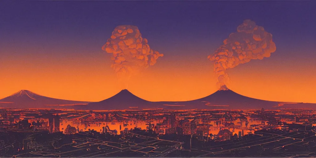 Prompt: ”large city with volcano erupting in the background in the sunset, photorealistic, by syd mead”