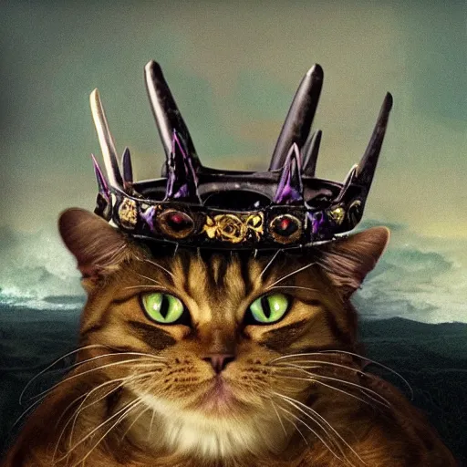Image similar to a demon cat with a pitchfork in his paws and a crown looks at paradise, where cats circle round dances