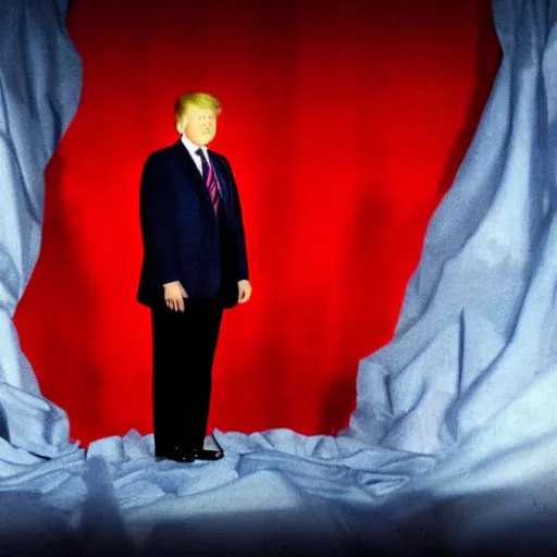 Image similar to photographic evidence of donald trump standing in front of a nuclear bomb hidden under a tarp, 1 0 8 0 p cnn footage