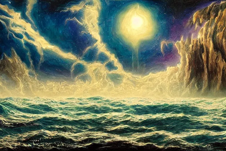 Image similar to miskatonic university big bang seascape in the style of dr. seuss,'interstellar directed by christopher nolan ', painting by albert bierstadt