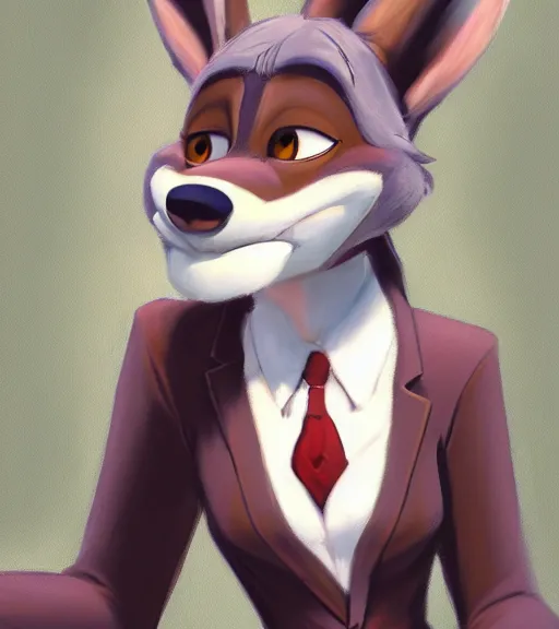 Image similar to oil painting of full body of anthromorphic female wolf, in style of zootopia, zootopia, zootopia, fursona, furry, furaffinity, 4 k, deviantart, furry art, fursona art, wearing black business suit, business suit, in style of zootopia, wolf fursona, cyberpunk, female, expressive detailed feminine face,