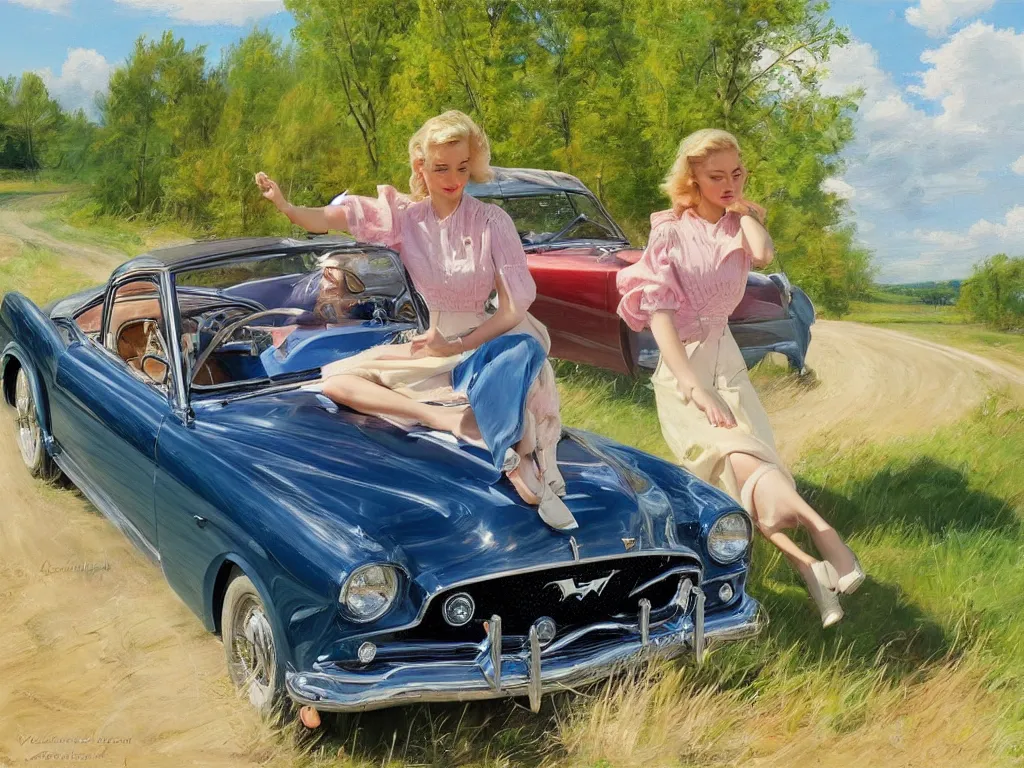 Image similar to 1950 blonde driving a mustang on a country road, Swedish countryside, painting by Vladimir Volegov, masterpiece