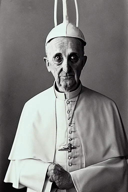 Prompt: a wet plate photo of an anthropomorphic ostrich dressed as pope